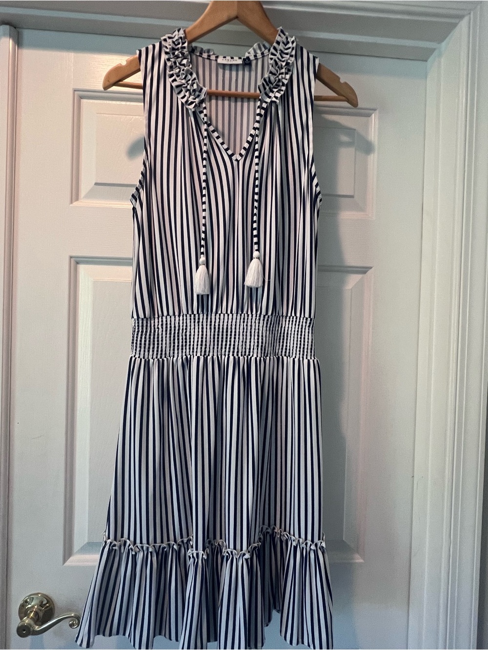 Women’s Cabana Life UVF 50+Navy and White Striped Sundress with Tassel Tie